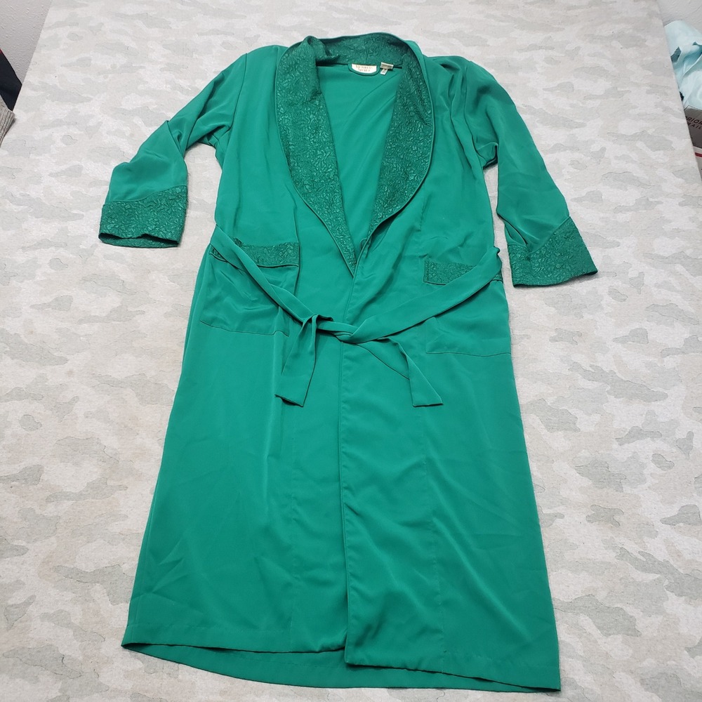 VTG Victoria's Secret Robe Womens Small Green Belted Long Wrap Gold Label Satin